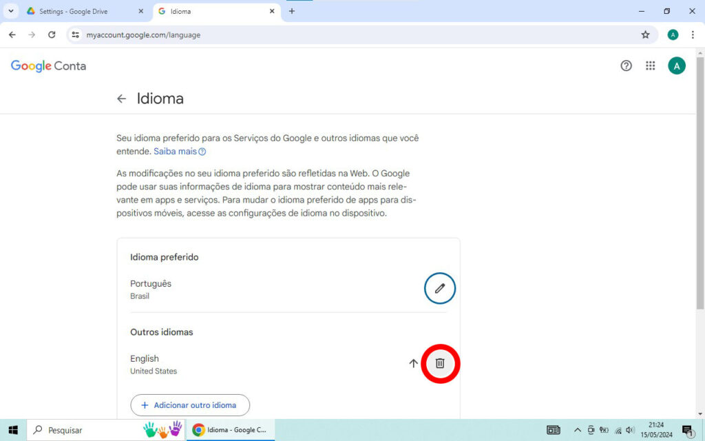 Google Drive Excluindo idioma